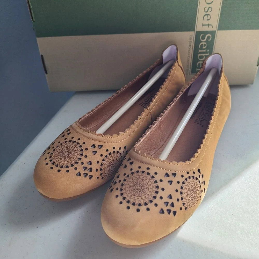 Josef Seibel Womens Pippa Ballet Flats‎ 37 Tan Safran Leather Shoe Cut Out NEW